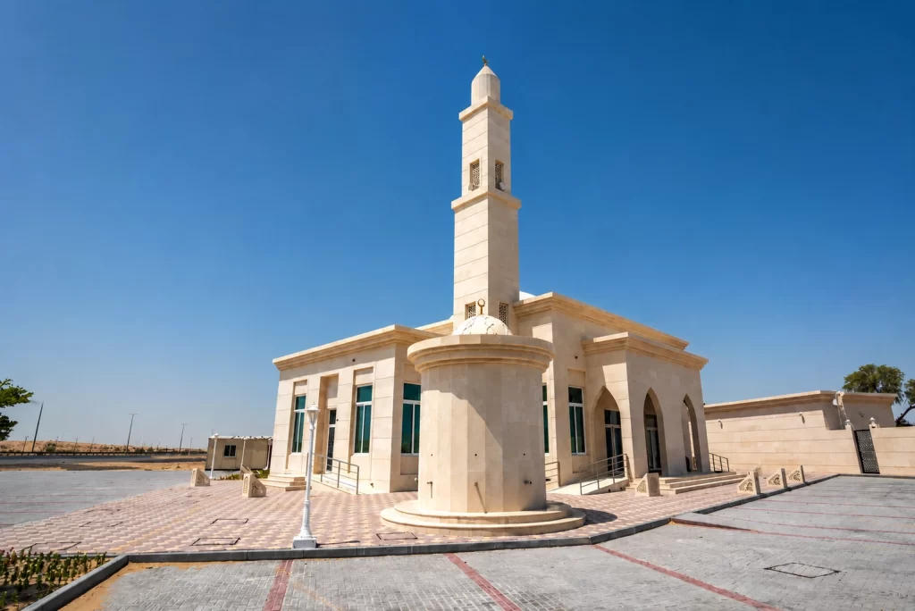 Completed Mosque Construction UAE project at Al Bataeh Mosque with traditional Islamic architecture and landscaped surroundings