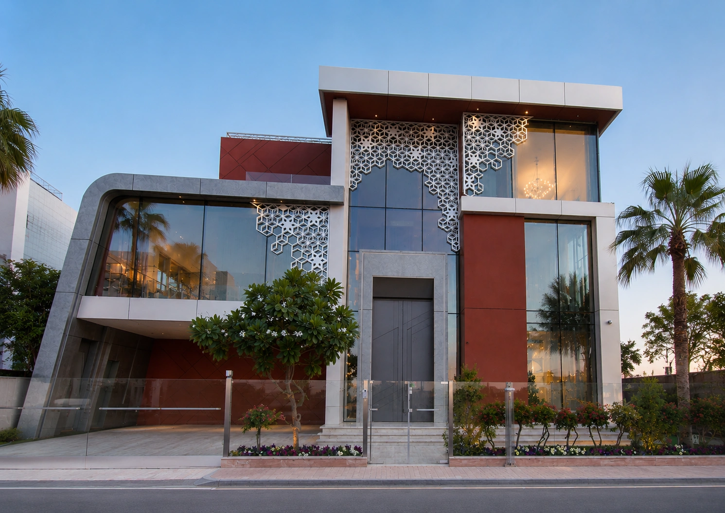 The Palm Villa Palm Jumeirah Dubai showcasing modern luxury architecture, elegant glass façades, landscaped surroundings, and high-end residential construction.