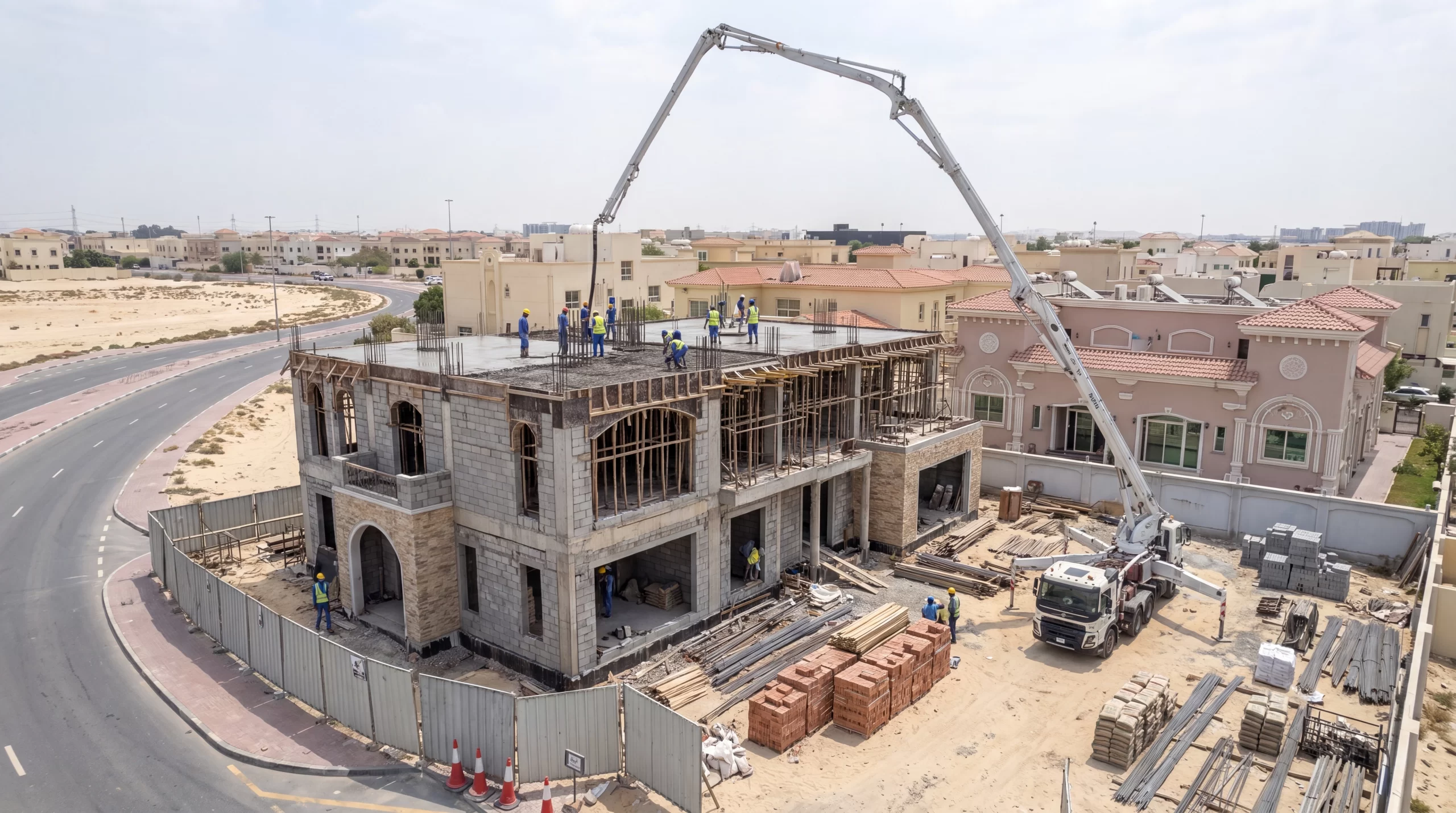Villa contractors in Dubai constructing a modern luxury villa