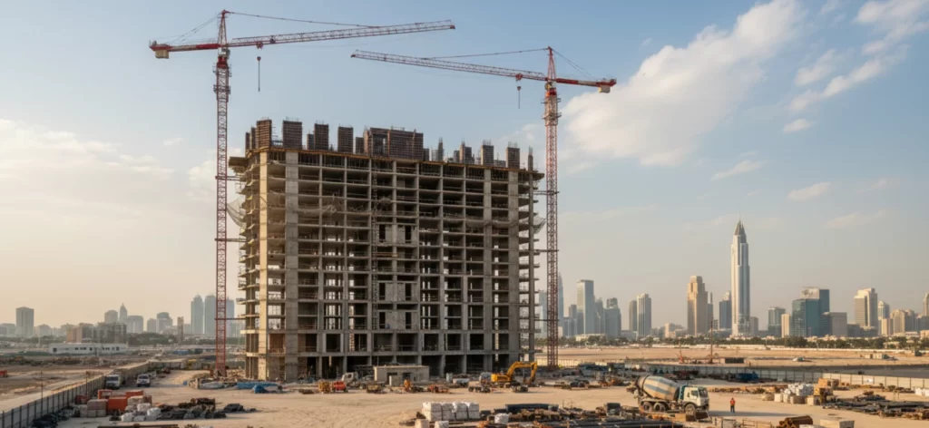 Commercial construction project in Dubai with a modern building under development.