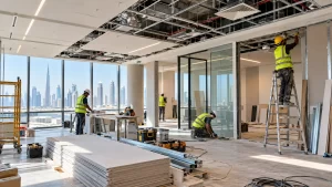 Commercial renovation in Dubai showing an office interior being upgraded.