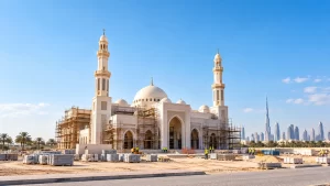Mosque construction project in the UAE showing domes, minarets, and ongoing building work.