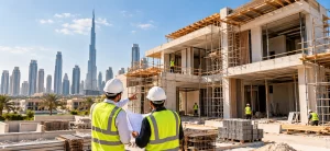 Villa construction project in Dubai showing construction progress and site supervision.