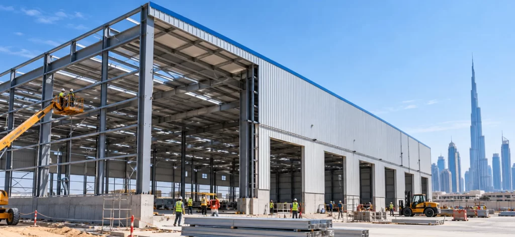 Warehouse construction project in Dubai showing an industrial building under development.