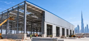 Warehouse construction project in Dubai showing an industrial building under development.